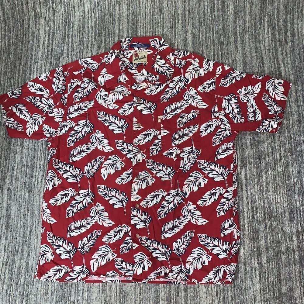 Vintage Tommy Hilfiger Mens Size XL Button Front Hawaiian Print Shirt Red‎ White